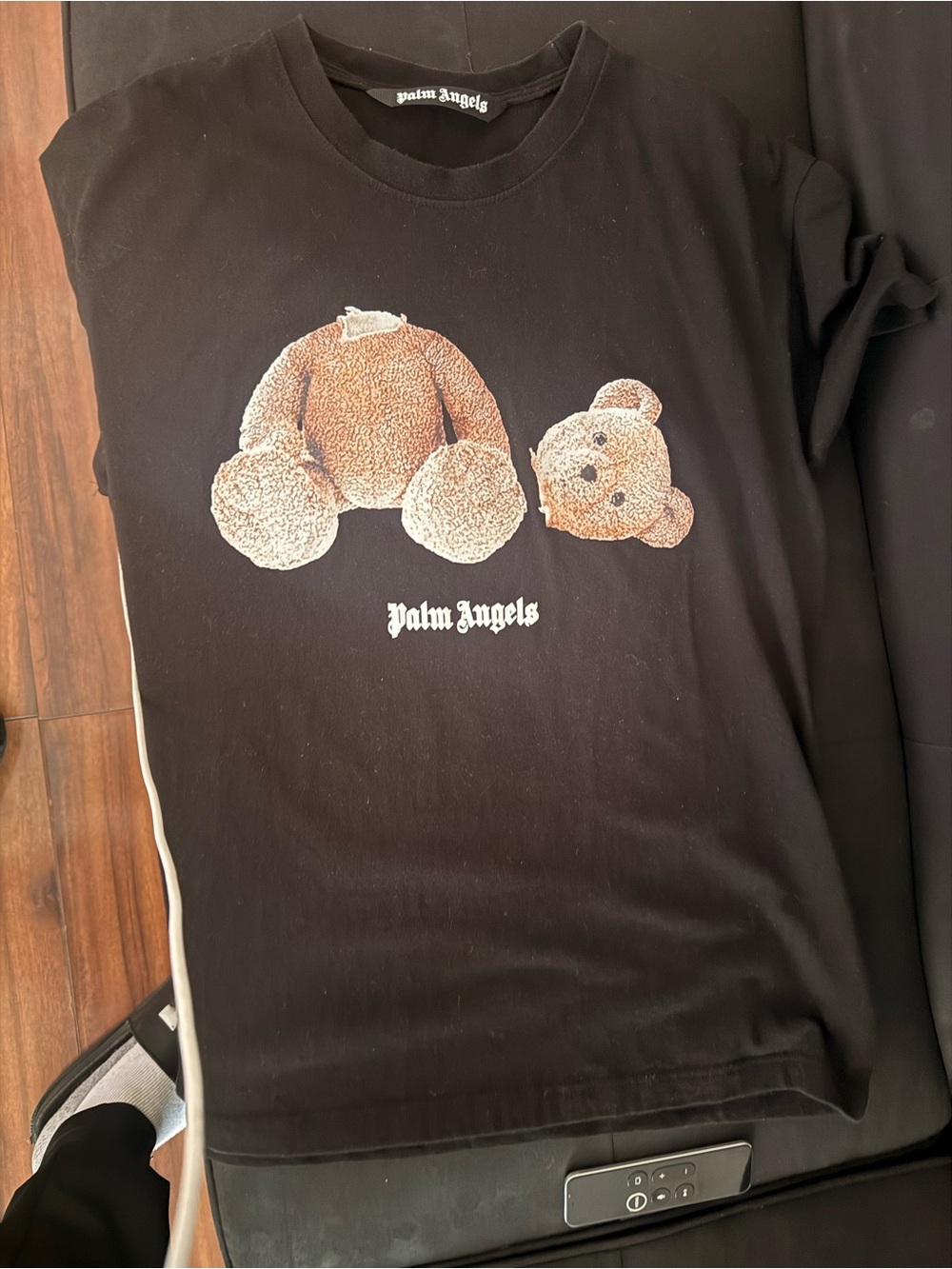Palm Angels Black Tee with Brown Detached Teddy Bear Graphic